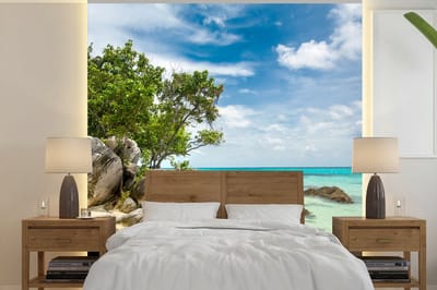 Behang - Fotobehang Strand - Stenen - Zee - Zomer - Breedte 280 cm x hoogte 280 cm