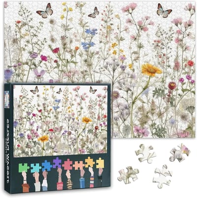 Puzzel met bloemen, 1000 stukjes, voor volwassenen, moeilijk en onmogelijk, moeilijk, uitdagende familiepuzzel, 70 x 50 cm, Jigsaw puzzel, plant en vlinder, puzzelspel voor vrouwen, woondecoratie