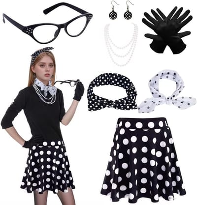 Retro 50s Kostuumset voor Vrouwen met Hoge Taille Mini Rok, Polkadot Haarband, Kat-Ogen Bril en Rode Chiffon Sjaal voor Feestjes en Themadagen
