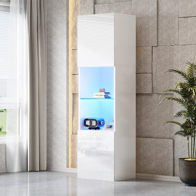 Wishdor Vitrinekast - Hoogglans - Met Ledverlichting - Met Glazen Legplank - Spaanplaat - Wit - 45 x 35 x 160 cm