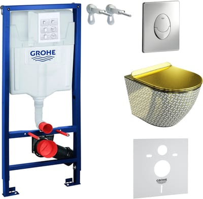 Inbouwreservoir Complete Toiletset Grohe Solido 39069000 - Inbouw WC Hangtoilet Wandcloset Sofi Slim Golden Never Die - Bedieningsplaat Skate Air Chroom - Voorwandelement - Installatiesysteem