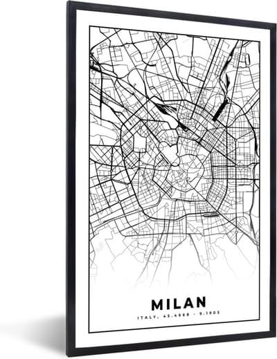 Fotolijst incl. Poster Zwart Wit- Milaan - Stadskaart - Zwart Wit - Plattegrond - Kaart - 40x60 cm - Posterlijst