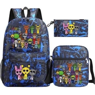 3-delige Nieuwe Sprunki Anime Print Rugzak Set, Met Draagtas en Etui, Grote Capaciteit Lichtgewicht En Ademend Outdoor Rugzak 16 inch