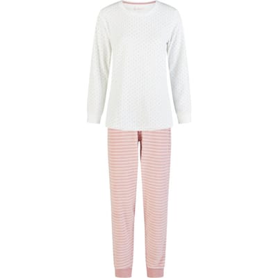 By Louise Dames Winter Pyjama Set Lang Badstof Wit/Roze Gestreept - Maat S