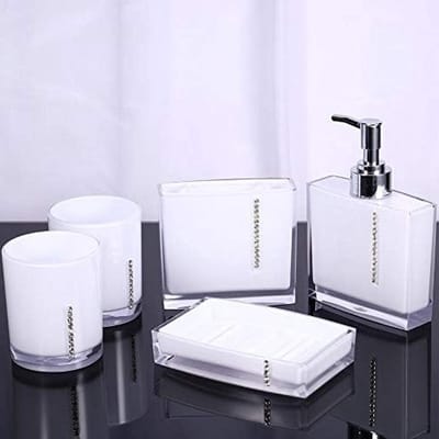 Complete Badkamer Accessoireset van 5 Stuks met Zeepdispenser, Tandenborstelhouder en Zeepbakje - Ideaal voor Thuis en Hotels, Wit Design