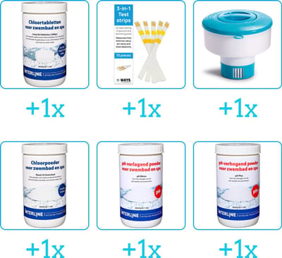 Zwembad Onderhoudspakket - Onderhoud Zwembad - bevat Chloor - Testrips - Chloordrijver - Chloor - PH-min en PH-plus (6-delig)