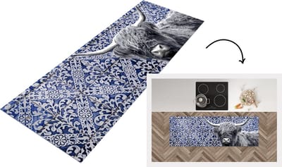 Keukenloper - Loper keuken - Delfts blauw - Schotse hooglander - Zwart - Wit - 150x50 cm - Keukenloper vinyl
