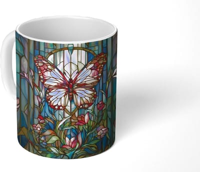 Mok - Koffiemok - Vlinder - Roze - Bloemen - Bladeren - Mokken - 350 ML - Beker - Koffiemokken - Theemok