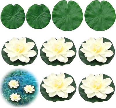 Vijf Stuks Kunstmatige Waterlelies en Vier Drijvende Lotusbladeren voor Tuinvijvers en Aquariums Decoratie, Wit en Levensgetrouw Design