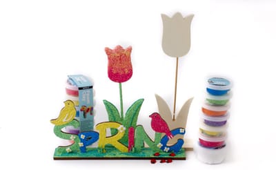 voorjaar decoratie houten tekst "Spring" tulpen Decoratieve set lente knutselpakket creatief pakket foam clay klei diy lieveheersbeestje decoratief zelf maken decoratie creatief kind volwassenen tafeldecoratie