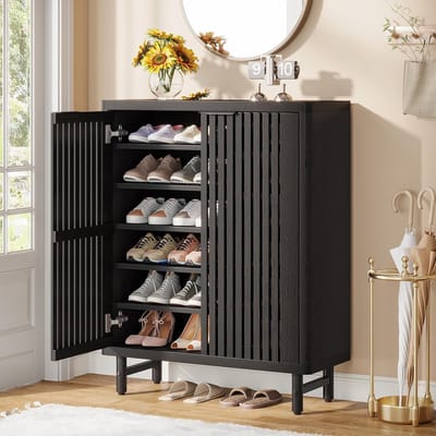 Tribesigns Schoenenkast met Roldeuren – 6 Laags Schoenenrek met Verstelbare Planken – Vrijstaande Smalle Schoenenkast – 85x 35x 110cm – Houten Schoenenopberger voor Entree, Woonkamer - Zwart