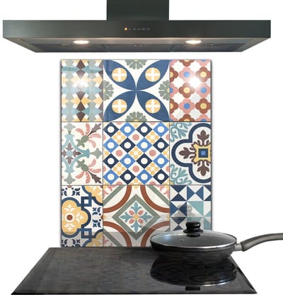 Tulup Achterwand Keuken - Portugese mozaïekornamenten Keuken Achterwand Glas - 60 x 80 cm - Blauw Glazen Achterwand Keuken - Texturen en Patronen Keuken Achterwand Glas Met Print - Kookplaatachterwanden - Kookplaat achterwand