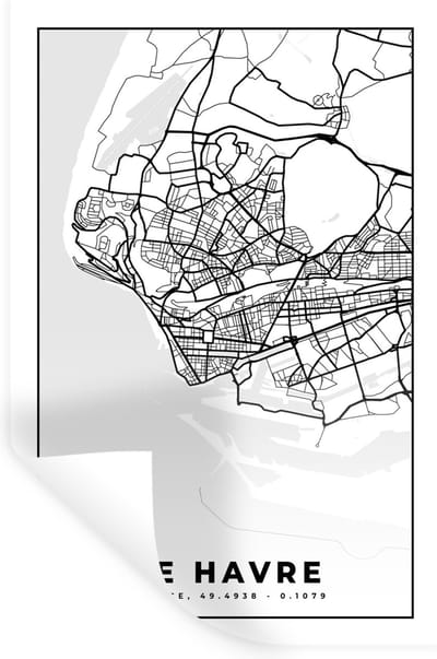 Muurstickers - Sticker Folie - Stadskaart - Frankrijk - Le Havre - Kaart - Plattegrond - Zwart wit - 20x30 cm - Plakfolie - Muurstickers Kinderkamer - Zelfklevend Behang - Zelfklevend behangpapier - Stickerfolie