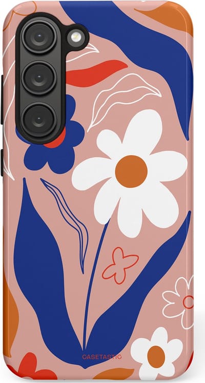 Casetastic hoesje geschikt voor Samsung Galaxy S23 - Dubbellaagse bescherming - Eenvoud in bloei - Fashion Case - Perzik Donkerblauw Wit