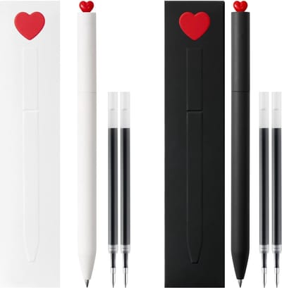 Ainy - Luxe Duo Hartjes Pen - 0.5mm fijn pennen met hartje in zwart & wit, inclusief extra vullingen - maak je balpen schoolspullen of kantoorartikelen compleet - balpennen geschenkset | liefdes cadeau | cadeau voor haar