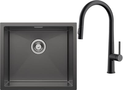 CECIPA max Spoelbak 50x44 cm Antraciet - Spoelbak Keuken Met C-uitloop Keukenkraan - Spoelbakken Keuken RVS - Wasbak Keuken - Met Sifon en Afvoerzeefje