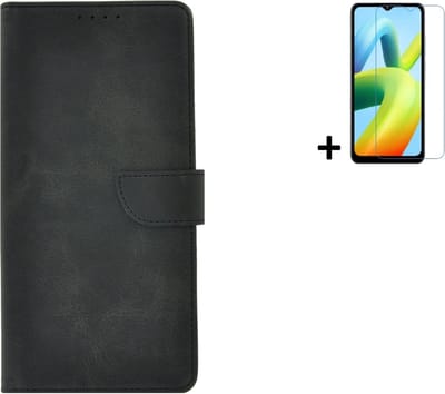MoDo hoesje Geschikt voor Xiaomi Redmi A1/ Redmi A2 - Kunstleer Book Case - Zwart hoesje met screenprotector