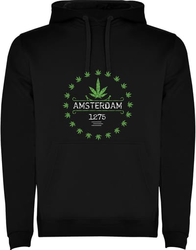 Zwarte Hoodie Amsterdam 1275 met Wietblad in cirkel - Happy City Maat M