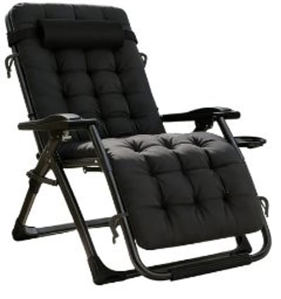Campingstoel-Strandstoel-77cm Opvouwbare Zero Gravity Loungestoel Plus Size -Draagvermogen 160kg- Hoofdsteun-bekerhouder-Metaal-Zwart.