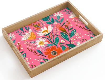 Dienblad hout 40x30 cm - Schootdienblad - Roze - Bloemen - Wit - Oranje - Borrelplank rechthoek - Plateau dienbladen