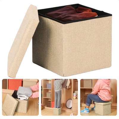 Cheqo® Opvouwbare Poef Met Opbergruimte - Beige - Opbergbox - Organizer - Voetenbankje - Hocker - MDF en Katoen
