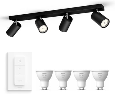 Philips Hue Kosipo Opbouwspot (Zwart) - Warmwit Licht - Incl. Hue Dimmer Switch - Plafondspot met 4 Lichtpunten - GU10 - Hue White