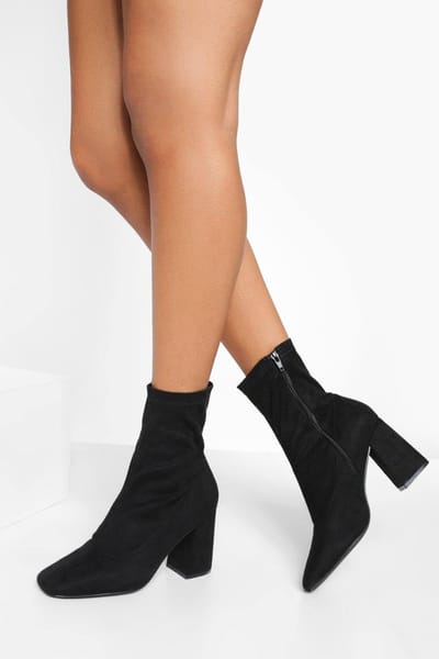boohoo Dames Wide Fit Faux Suede Blokhiel Vierkante Teen Soklaarzen | Zwart | Maat: 36