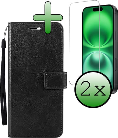 Hoesje Met 2x Screenprotector - Geschikt voor Apple iPhone 16 - Luxe Pasjeshouder - Bookcase Portemonee - Flip Case - Kunstleer Book Case - Flipcase Hoes - Book Cover - Walletcase - Portemonneehoes - Zwart
