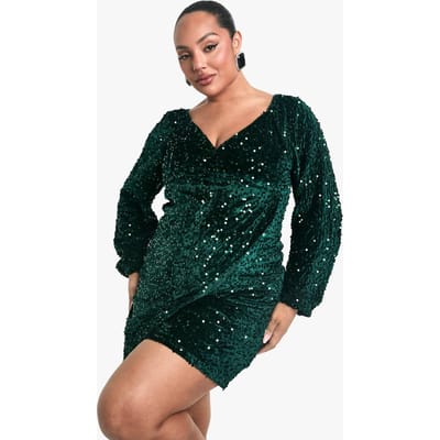 boohoo Dames Plus Velvet Sequin Swing Dress | Smaragdgroen | Maat: 56