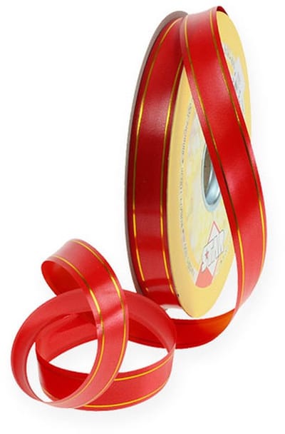 Cadeaulint 2 gouden strepen op rood 19mm 100m