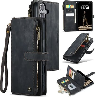 CaseMe - Hoesje geschikt voor Apple iPhone 16 - Vintage Wallet Book Case Ritssluiting - Met Magneetsluiting - Zwart