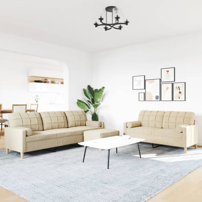 vidaXL - 3-delige - Loungeset - met - voetenbank - en - kussens - stof - crèmekleurig