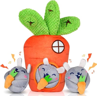 Famanu – Hondenspeelgoed met pieper – Wortel met konijntjes – Set van 4