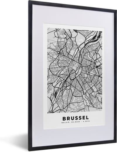 Fotolijst incl. Poster Zwart Wit- België – Brussel – Stadskaart – Kaart – Zwart Wit – Plattegrond - 40x60 cm - Posterlijst