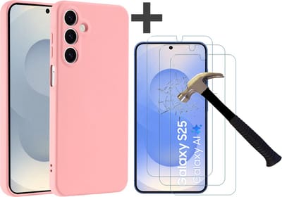 Hoesje geschikt voor Samsung Galaxy S25 hoesje zacht siliconen met 3 Stuks gehard glas Screenprotectors- Arara backcover - Licht Roze