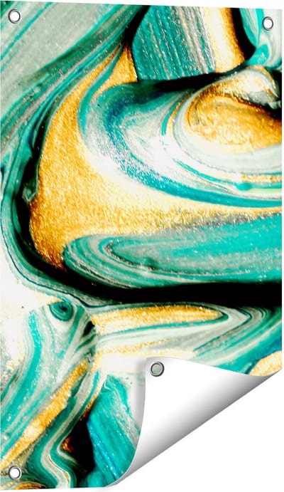 Gards Tuinposter Abstracte Kunst - Groen met Gouden Verf - 40x60 cm - Tuindoek - Tuindecoratie - Wanddecoratie buiten - Tuinschilderij