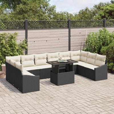 vidaXL - Bankstel - 11 - st - Zwart - en - Crème - poly - rattan