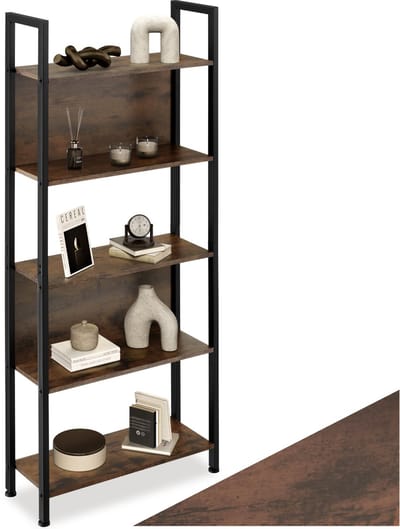 tectake® Wandkast – Boekenkast - 5 Niveaus – Houten Kast in Industrieel Design – 62 x 24 x 165,5 cm – Wandkast voor Woonkamer, Studeerkamer, Kantoor & Keuken – Zwart Metaal Frame - donkerbruin