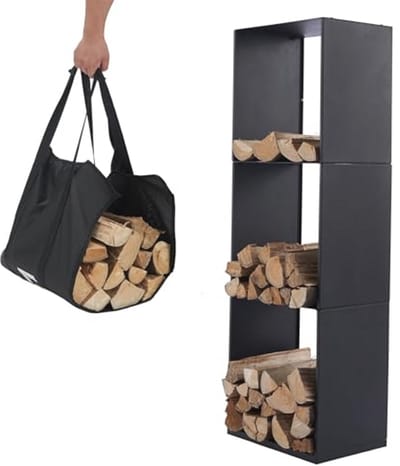 Brandhoutrek met Draagtas - Houtopslag voor Binnen en Buiten - Zwart Metaal (40x28x120cm)