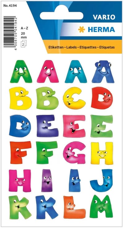 Herma Alfabet plak letters A-Z Stickers - 2x vellen - gekleurd gezicht - 28 mm - watervast