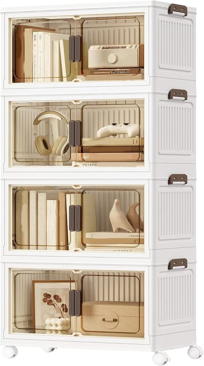 KZQ Plastic Opbergbox Met Deksel - 4 Lagen Stackbare Opbergbox - Met Deur En Wielen - Vouwbare Opbergbox - Geschikt Voor Kasten Slaapkamers Woonkamers En Kantoren - Wit