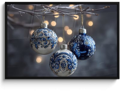 Poster in lijst - Fotolijst 120x80 cm - Posters - Kerstbal - Versierd - Blauw - Posterlijst zwart - Decoratie - Wanddecoratie woonkamer - Muurdecoratie slaapkamer - Kerstversiering - Kerstdecoratie voor binnen - Kerstmis