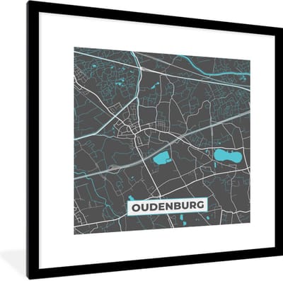 Fotolijst incl. Poster - België – Oudenburg – Stadskaart – Kaart – Blauw – Plattegrond - 40x40 cm - Posterlijst