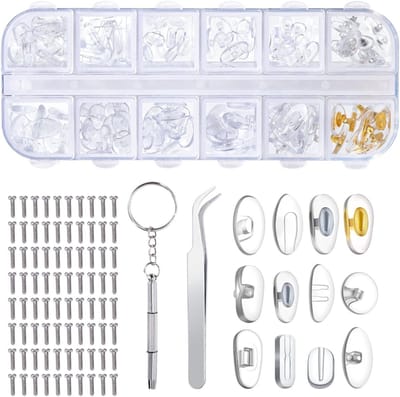 Reparatieset voor neuspads voor brillen, 12 soorten neuspads, brillenaccessoires, met brilschroeven en pincet, 13 x 5,2 x 1,5 cm (transparant)
