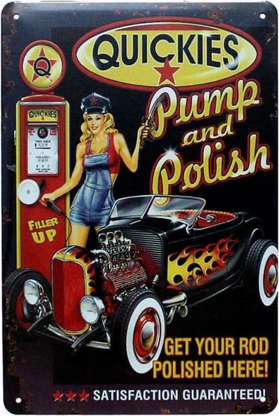 METALEN WANDBORD MUURPLAAT VINTAGE RETRO WANDDECORATIE TEKST DECORATIEBORD RECLAME NOSTALGIE ART,  BENZINEPOMP - GARAGE - QUICKIES PUMP AND POLISH, NR. 10724