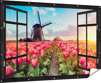 Gards Tuinposter Doorkijk Roze Tulpen Bloemenveld - met Windmolen - 180x120 cm - Tuindoek - Tuindecoratie - Wanddecoratie buiten - Tuinschilderij