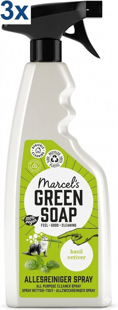 3 x Marcel's Green Soap Allesreinigerspray Basilicum & Vetiver – 500 ml – Milieuvriendelijke Oppervlaktereiniger – Vegan & 97% Biologisch Afbreekbaar