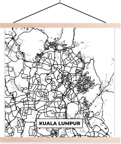Posterhanger incl. Poster 40x40 cm - Schoolplaat - Kaart - Kuala Lumpur - Stadskaart - Plattegrond - Zwart Wit - Textielposter - Blanke latten - Stadskaart
