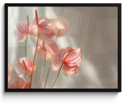 Poster in lijst - Fotolijst 80x60 cm - Posters - Bloemen - Stelen - Roze - Schaduw - Posterlijst zwart - Decoratie - Wanddecoratie woonkamer - Muurdecoratie slaapkamer