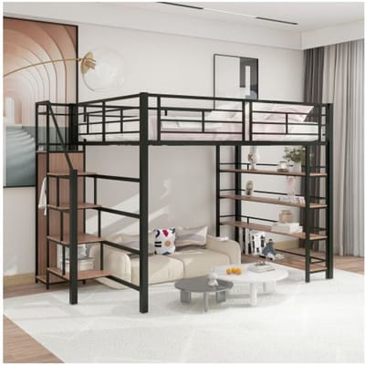 Lit mezzanine - MUVOE - 140x200 cm - Noir - Escalier de rangement - Haute clôture de sécurité noir